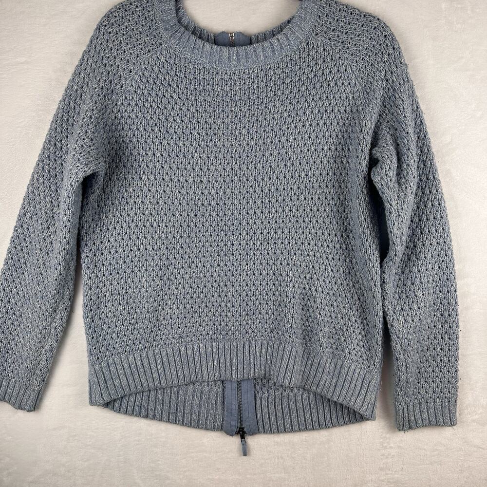 Society 8 Women L Blue Metallic Lurex Open Knit Zip Back Sweater Hi Low